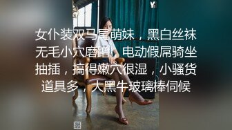 女仆装双马尾萌妹，黑白丝袜无毛小穴磨蹭，电动假屌骑坐抽插，搞得嫩穴很湿，小骚货道具多，大黑牛玻璃棒伺候